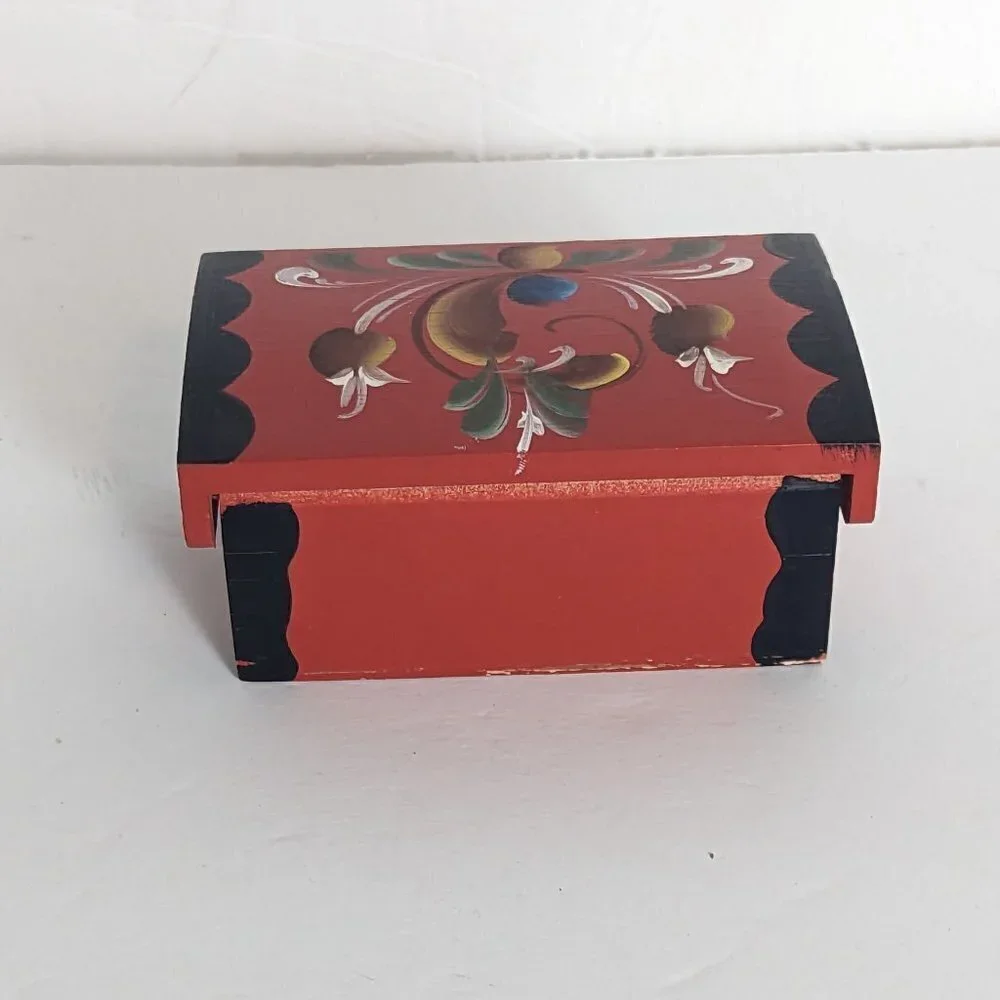 Vintage Folk Art‎ Norwegian Hand Painted Toll Wood Box Lid Boho Scandinavian